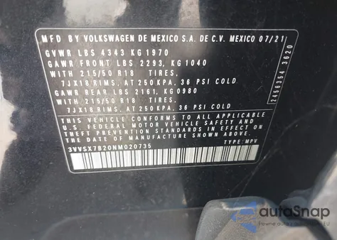 2022 Volkswagen Taos 1.5T Se from USA, damaged, VIN 3VVSX7B20NM020735